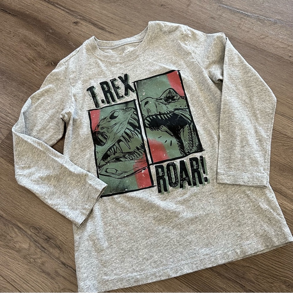 Osh Kosh Originals T-Rex Long Sleeve Gray T-Shirt | 7/7A | Dinosaur Graphic |